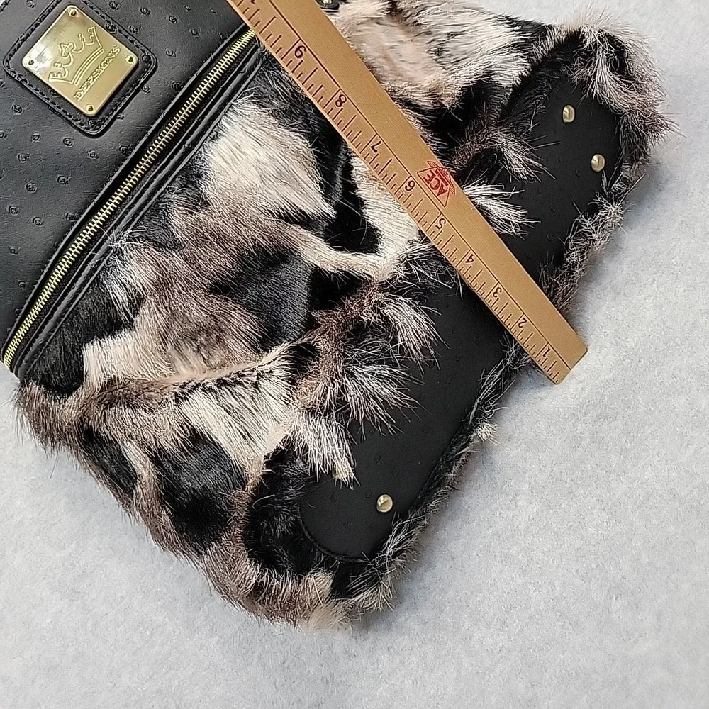 DEESIGNS Purse‎ By Ocleppo Hobo Shoulder Bag Faux Black Leather & Fur Statement